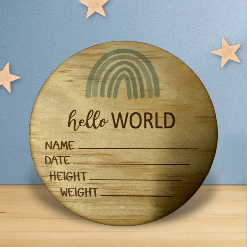 Hello World Baby Boy Announcement Disc | Plywood - 125mm | Rainbow | Celebration | Shower