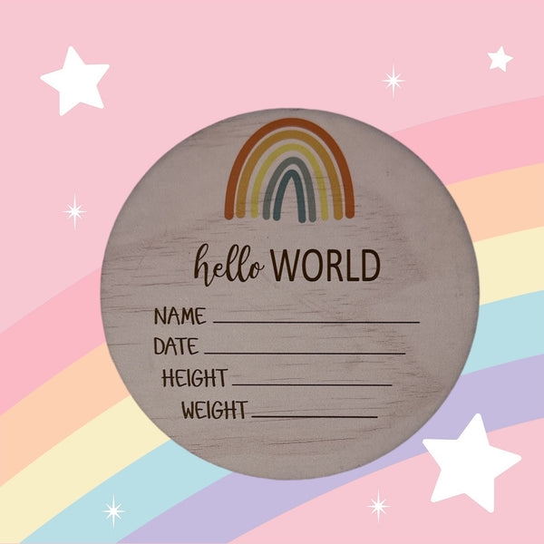 Hello World Baby Girl Announcement Disc | Plywood - 125mm | Rainbow | Celebration | Shower