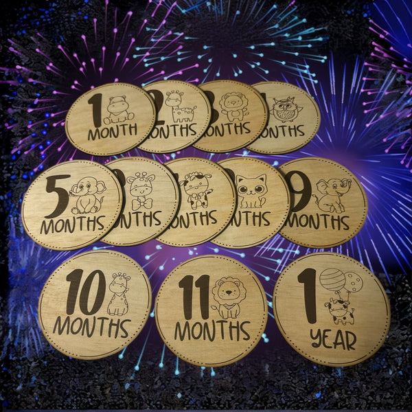 Baby Announcement Milstone Disc Set of 12 Items | 100mm Width | Celebration | Boy | Girl | Reveal