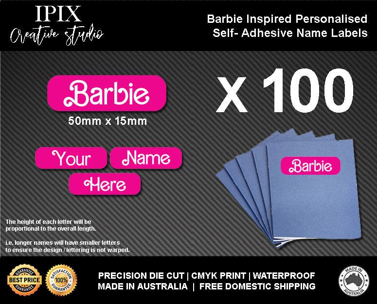 100 x Barbie Inspired Kids School Stationary Name Labels | 50mm x 15mm | Book | Personalised | Sticker | Decal