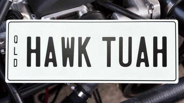 HAWK TUAH Novelty Number Plate 350mm x 130mm | White / Black| Custom | Car | Boy | Girl | Man Cave | NOT FOR LEGAL USE