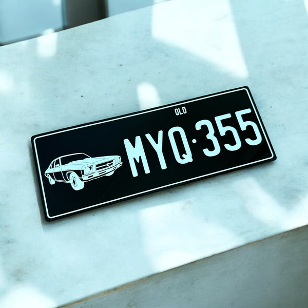 Holden HQ Novelty Number Plate 350mm x 130mm | White / Black | Custom | Car | Boy | Girl | Man Cave | NOT FOR LEGAL USE