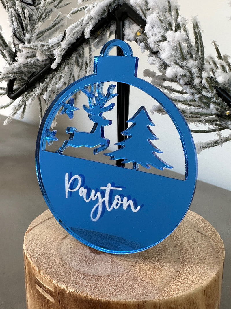 Personalised Mirrored Acrylic Christmas Reindeer and Trees Bauble | Premium | Xmas | Festive | Season